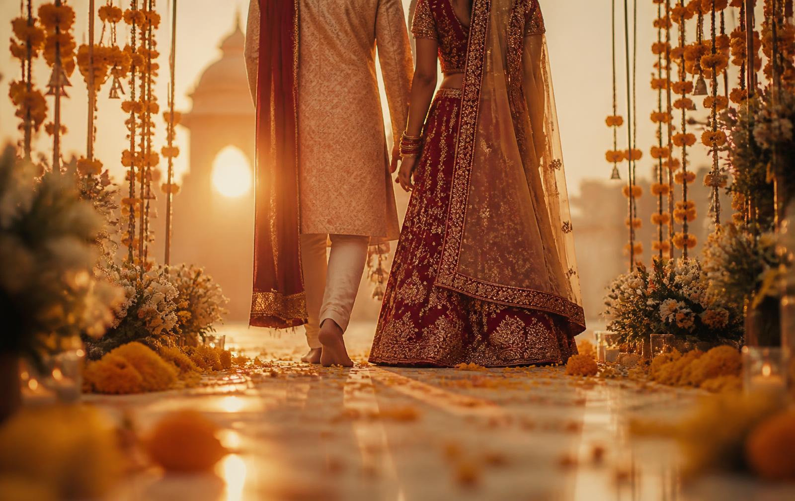 Marigold-lined aisle at an Indian wedding in golden evening light
